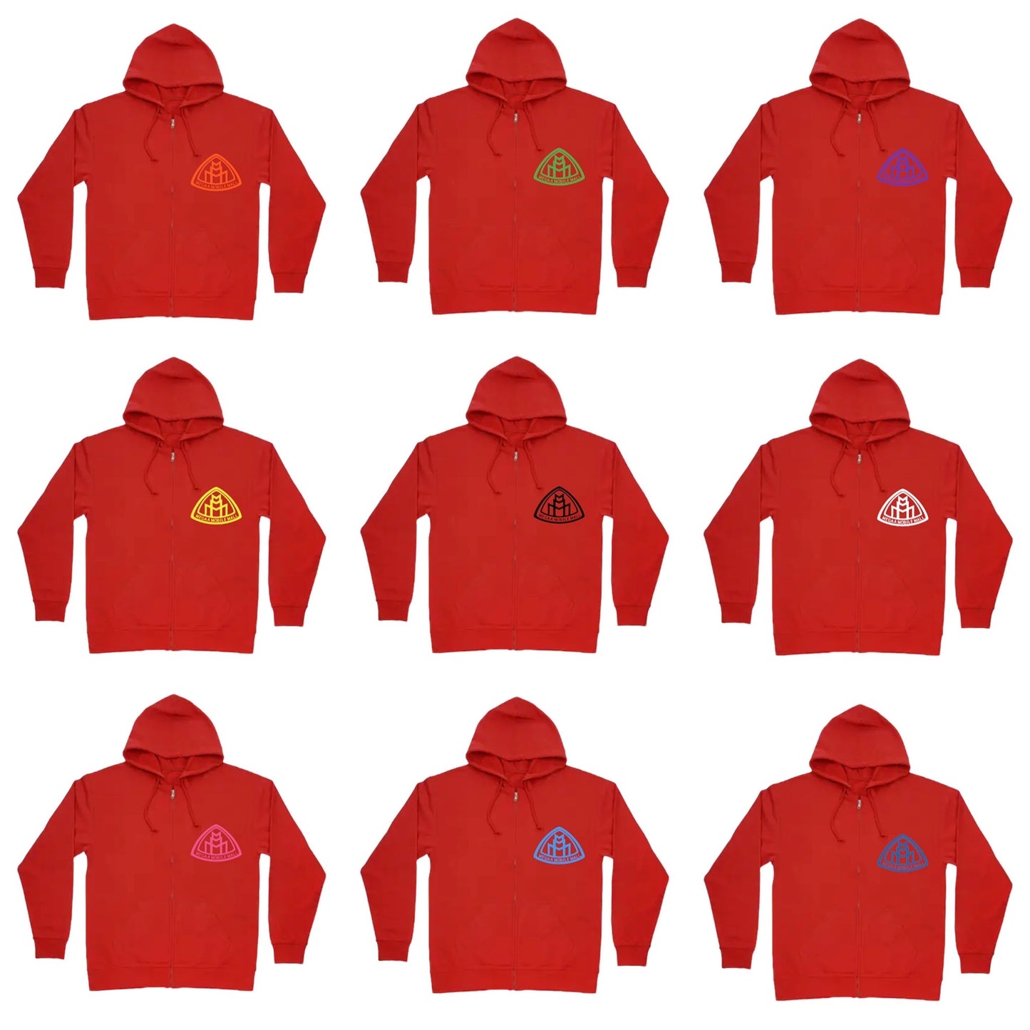 megaamobilemall red zip up hoodie in 9 different logo color options front side