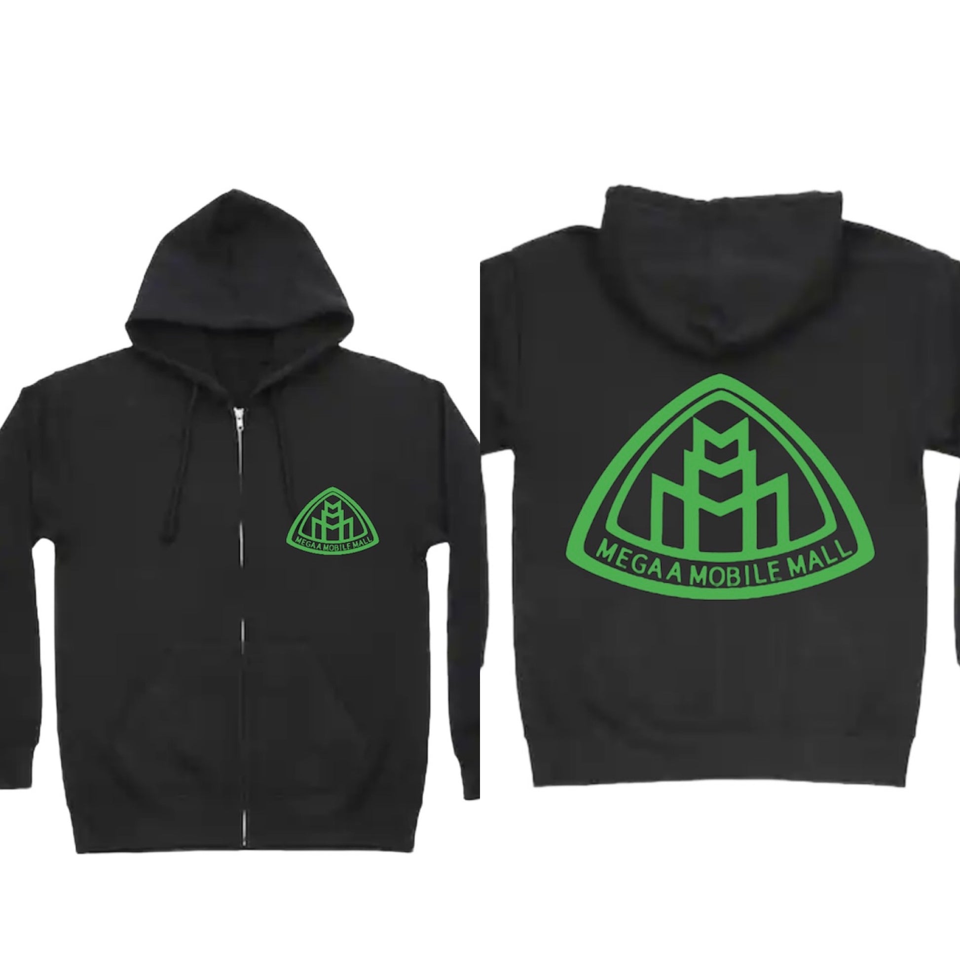 megaamobilemall black zip up hoodie with green logo color
