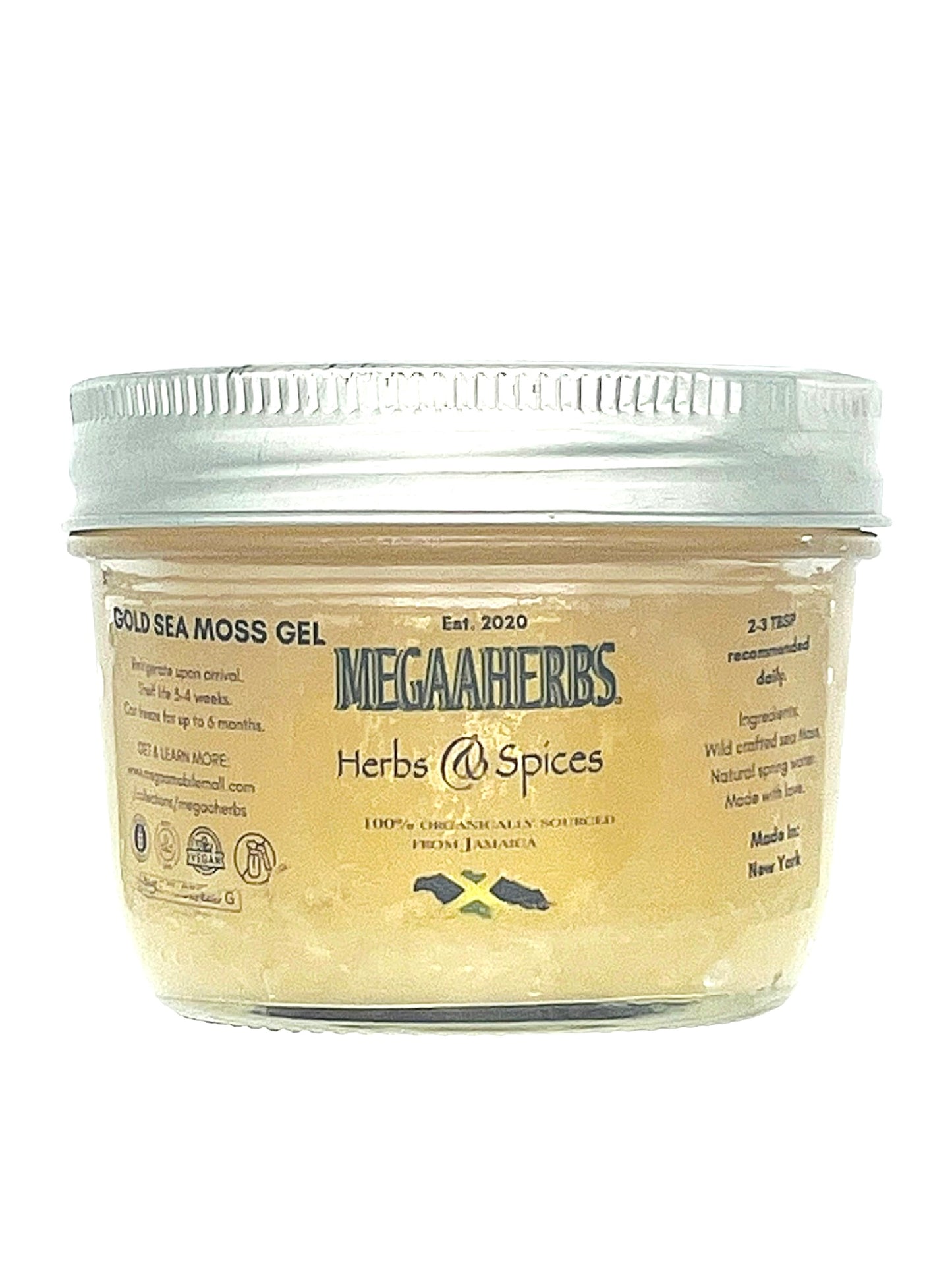 megaaherbs sea moss gel in 8 fl oz mason jars with labels on the jar side