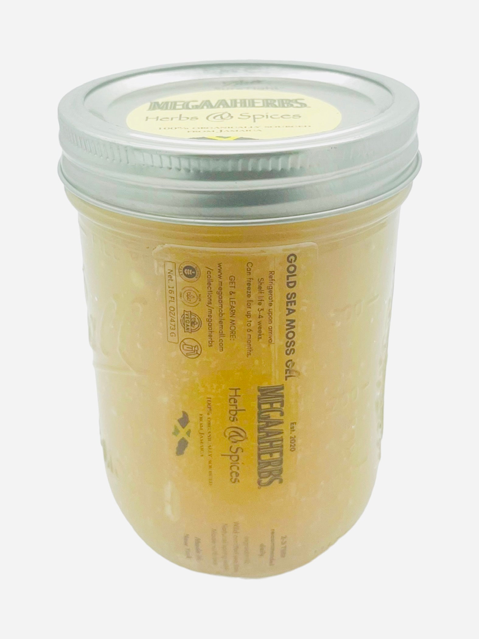megaaherbs sea moss gel in 16 fl oz mason jars with labels on the jar side & lid