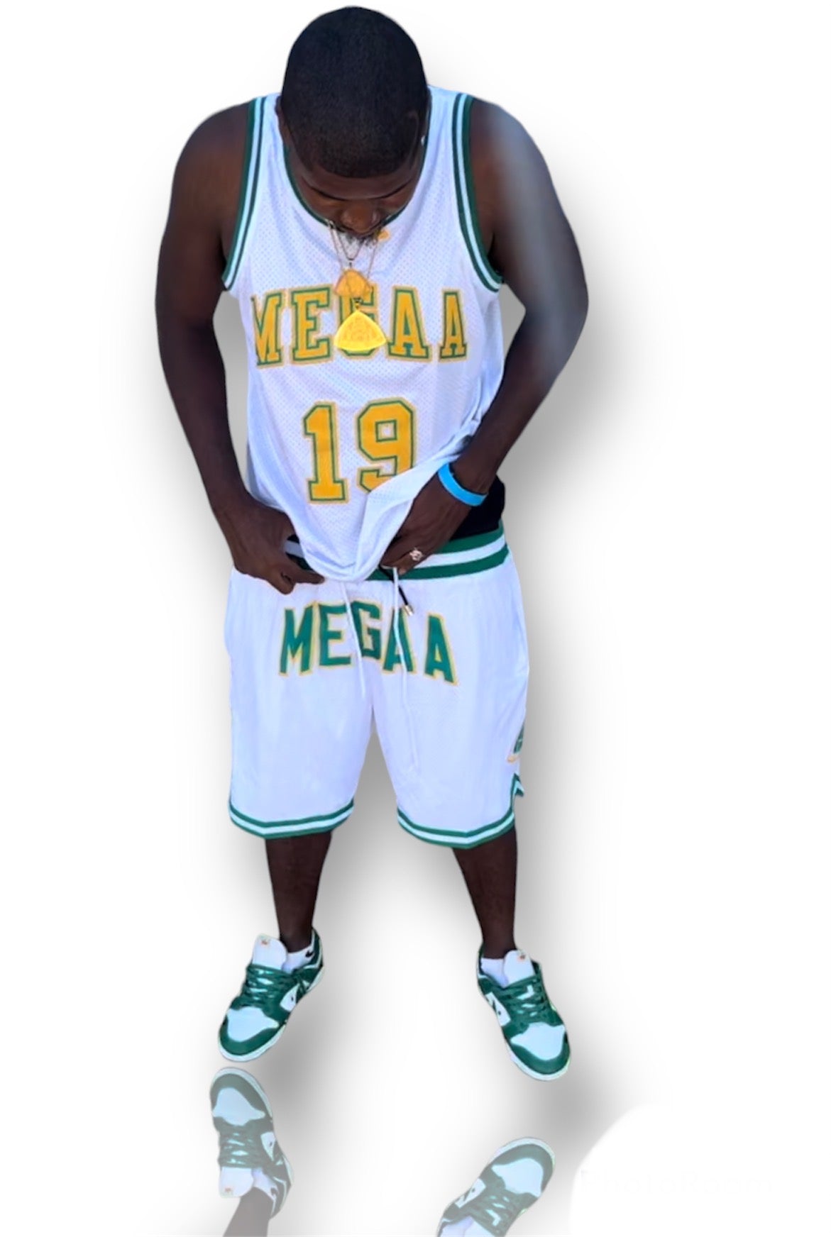 model wearing megaamobilemall supersonic basketball shorts logo on the side & number 19 wearing jersey & shorts with logo pendants