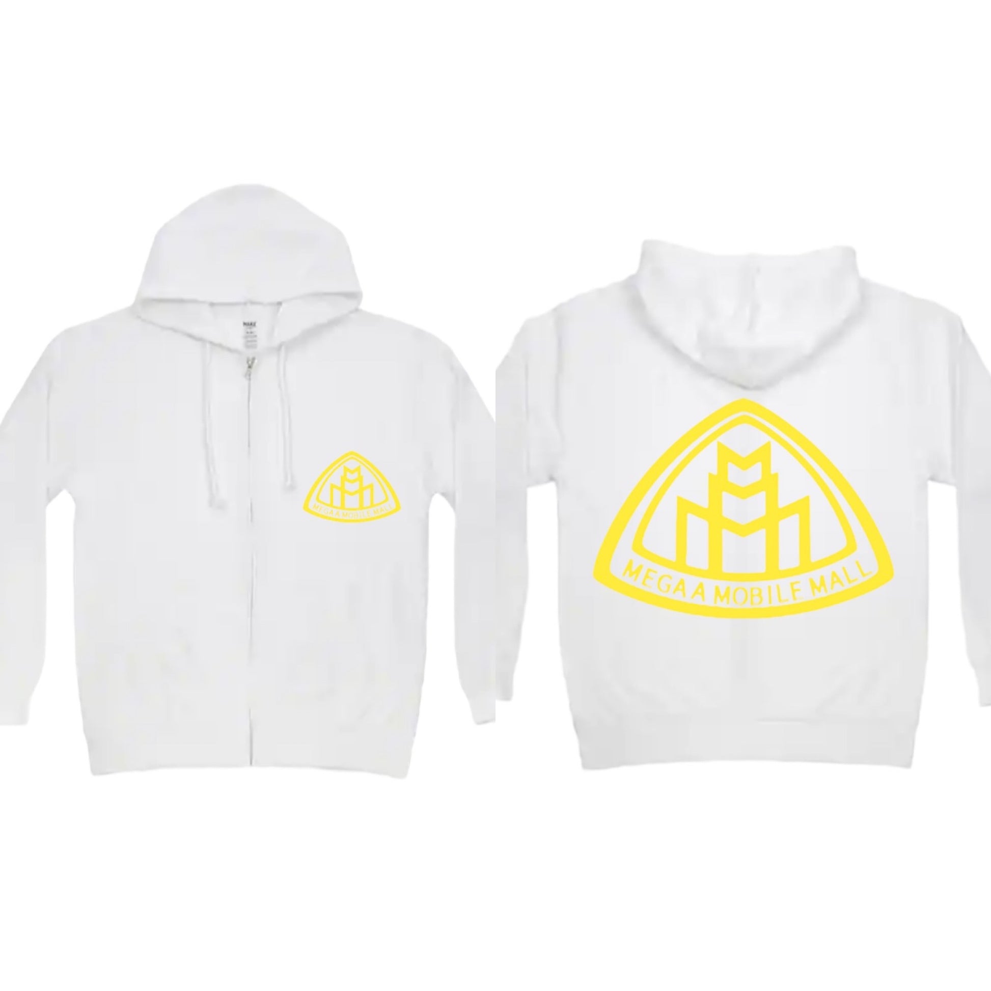 megaamobilemall white zip up hoodie with yellow logo