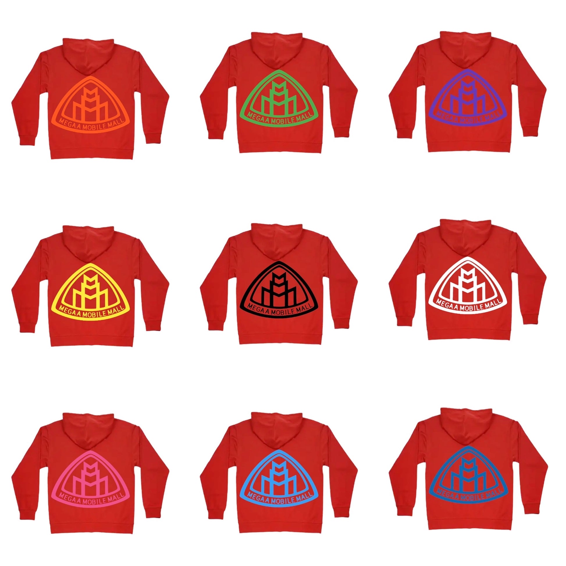 megaamobilemall red zip up hoodie in 9 different logo color options back side