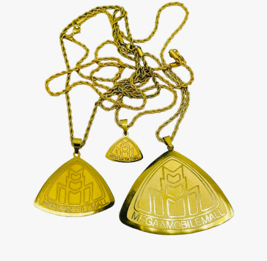 triple m megaamobilemall logo gold pendants & gold rope chains in 3 sizes . 1-3 inches