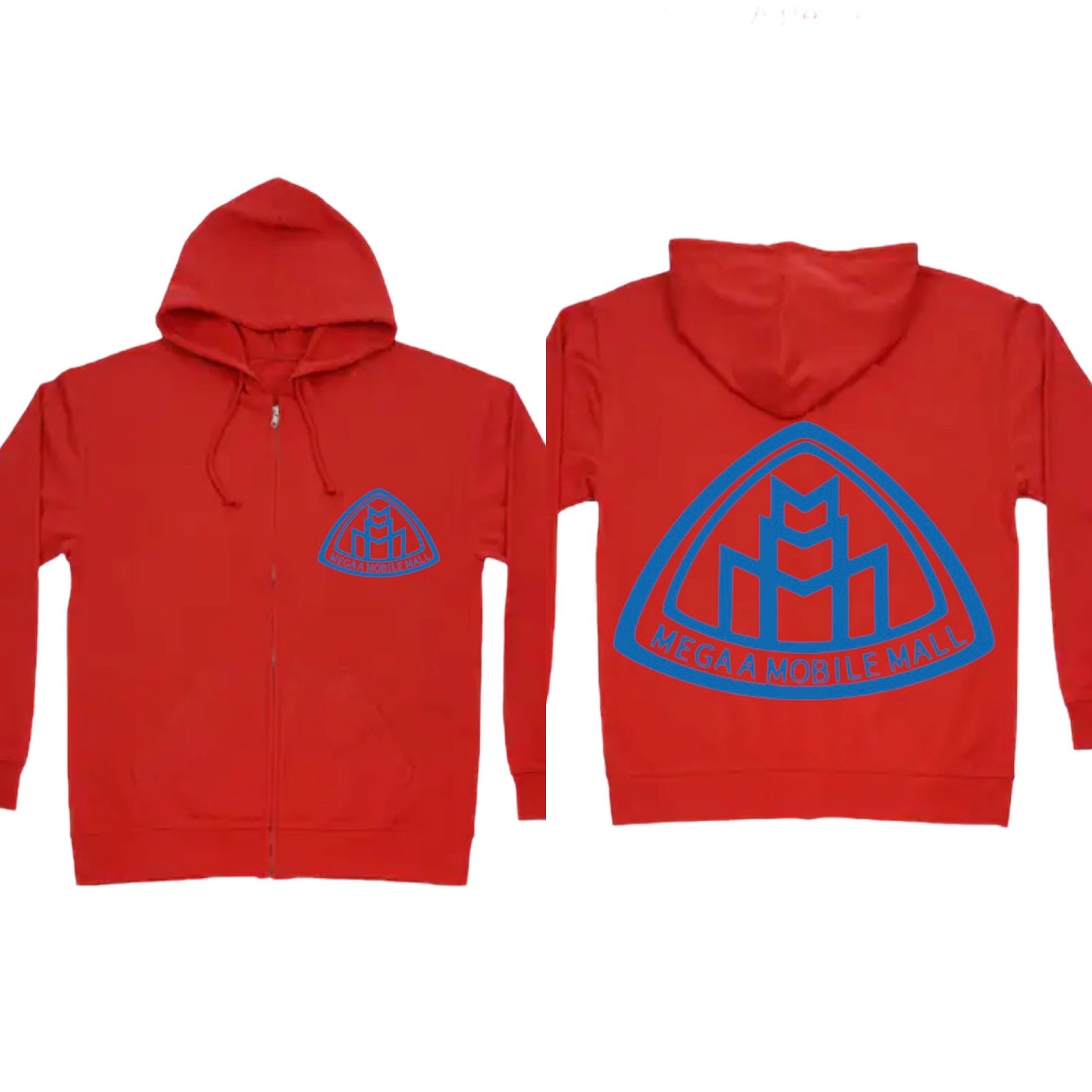 megaamobilemall red zip up hoodie with blue logo