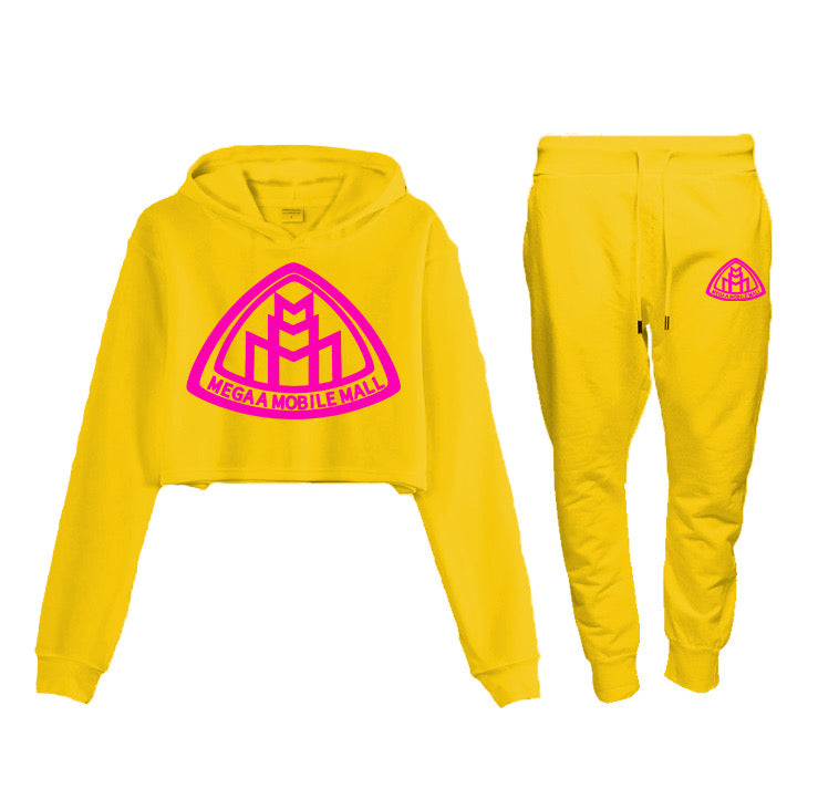 Yellow Crop Top Logo SweatSuit