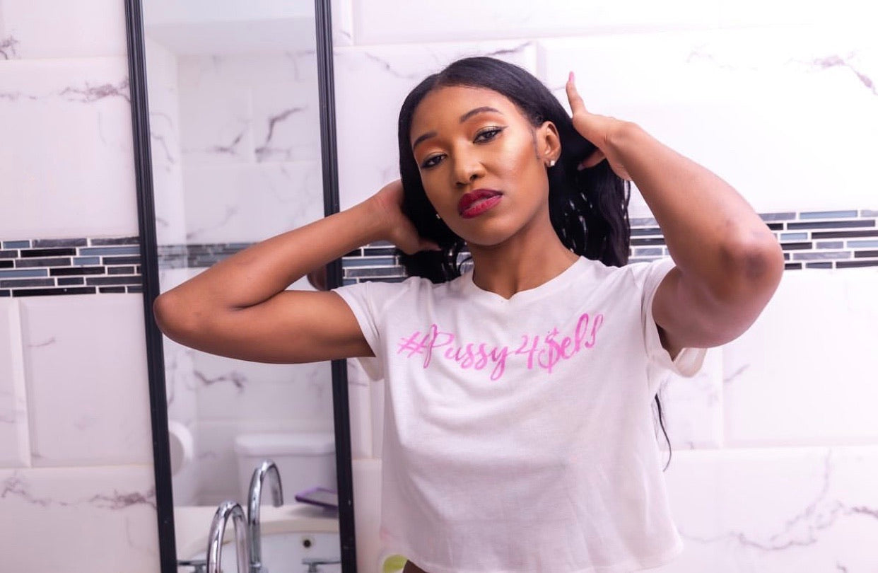 model wearing #pussy4self crop top tee white with pink imprint 