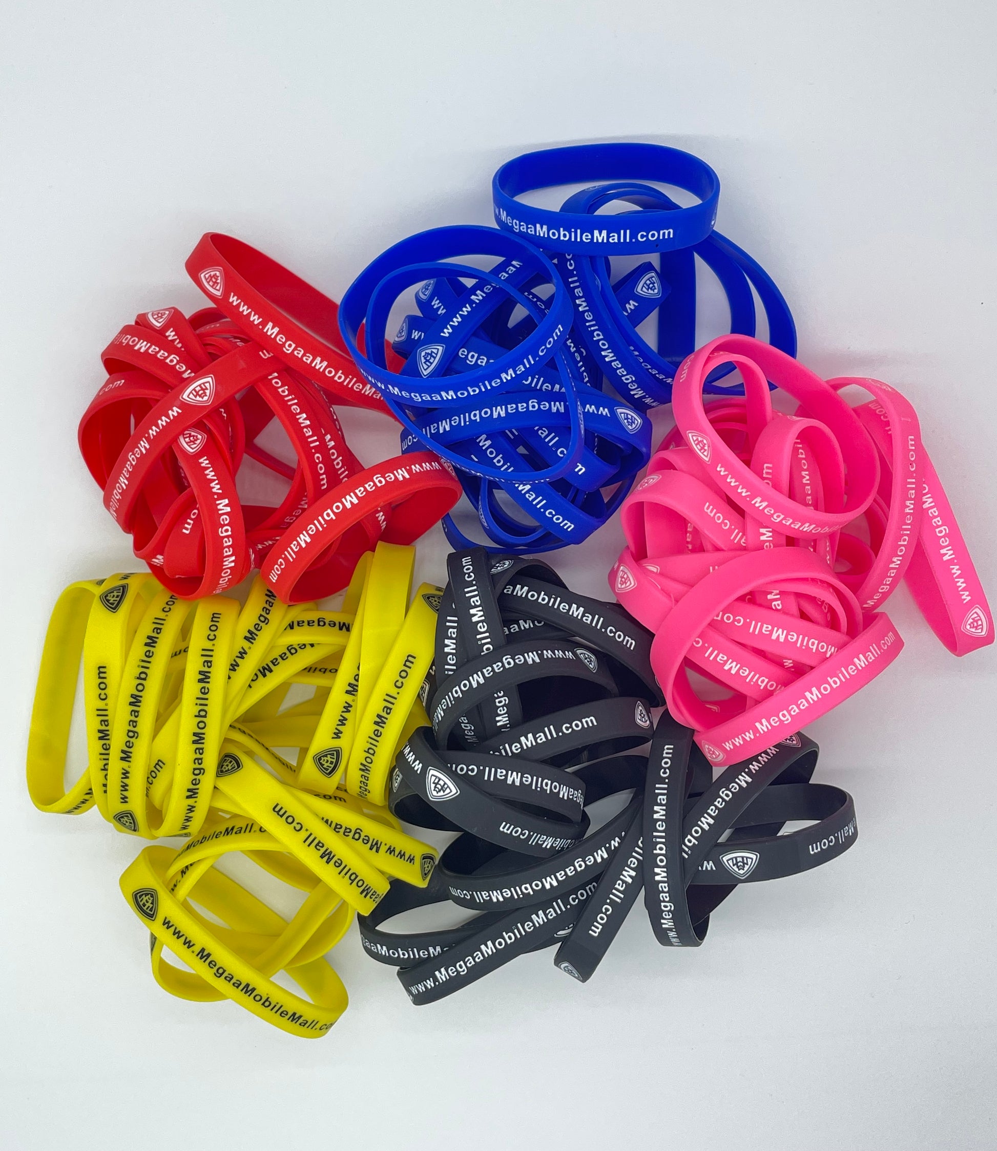 megaamobilemall wrist bands available in blue, yellow, red, black & pink