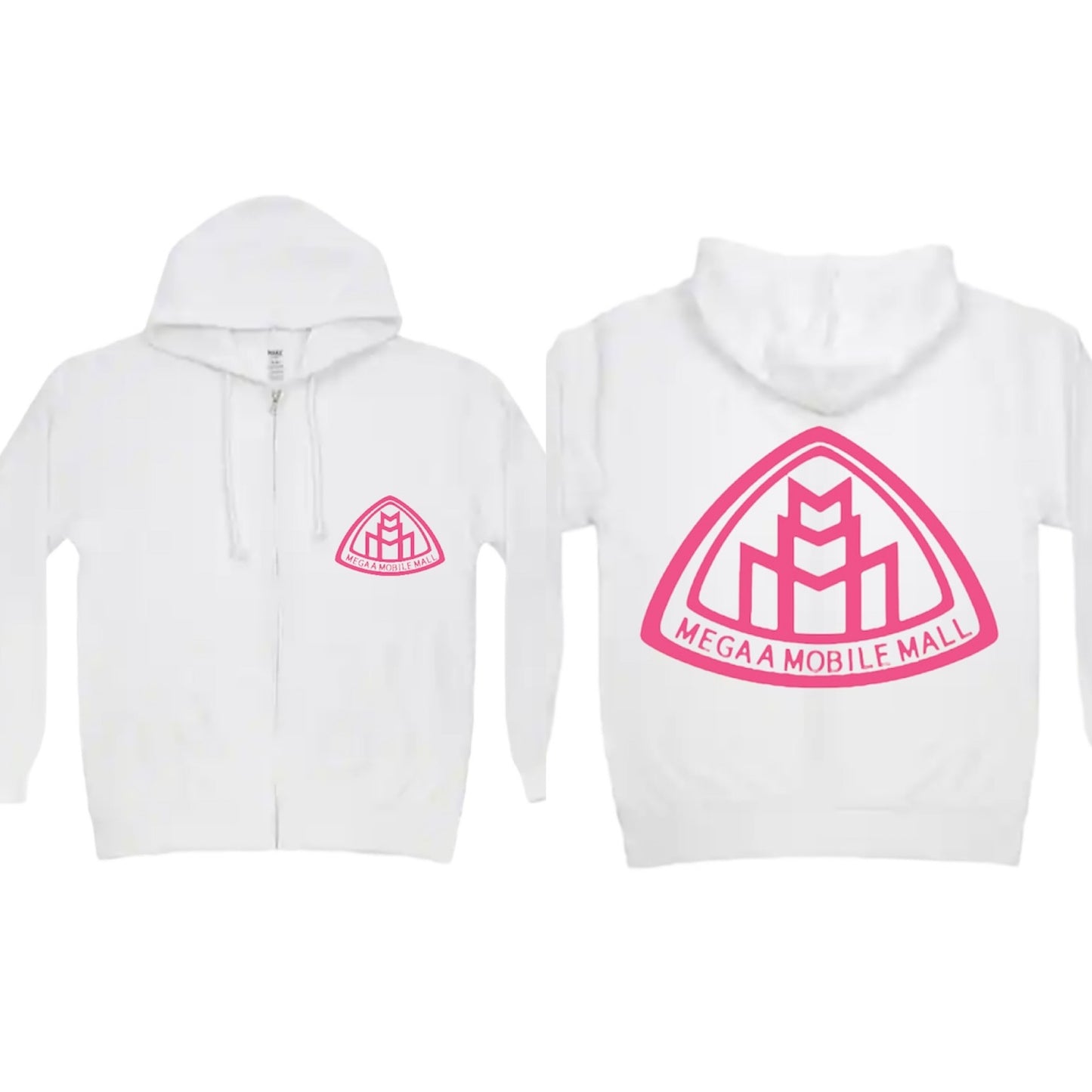 megaamobilemall white zip up hoodie with pink logo