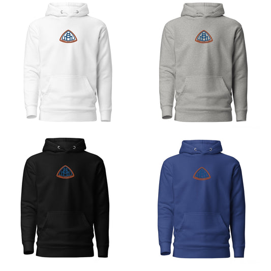 new york colorway megaamobilemall logo stitched orange & blue to white, gray, blue & black hoodie