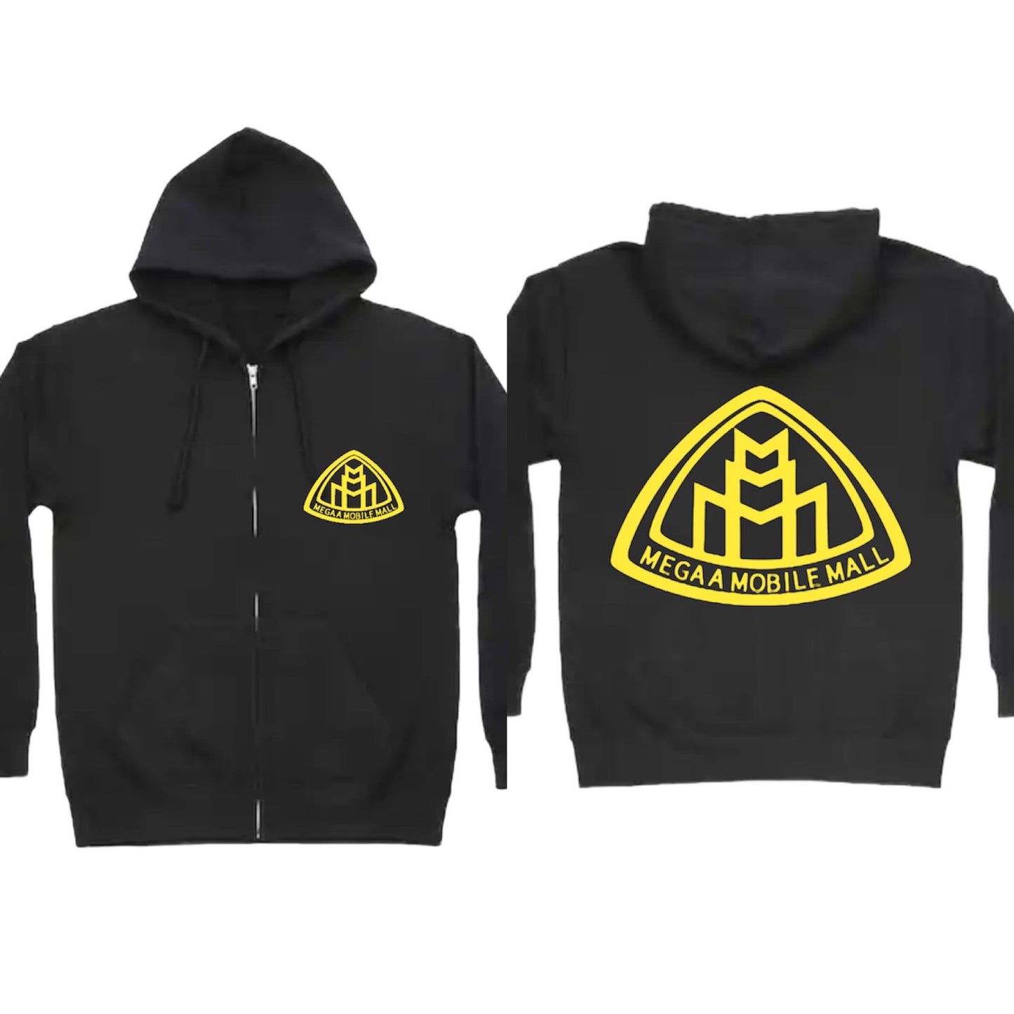 megaamobilemall black zip up hoodie with yellow logo color