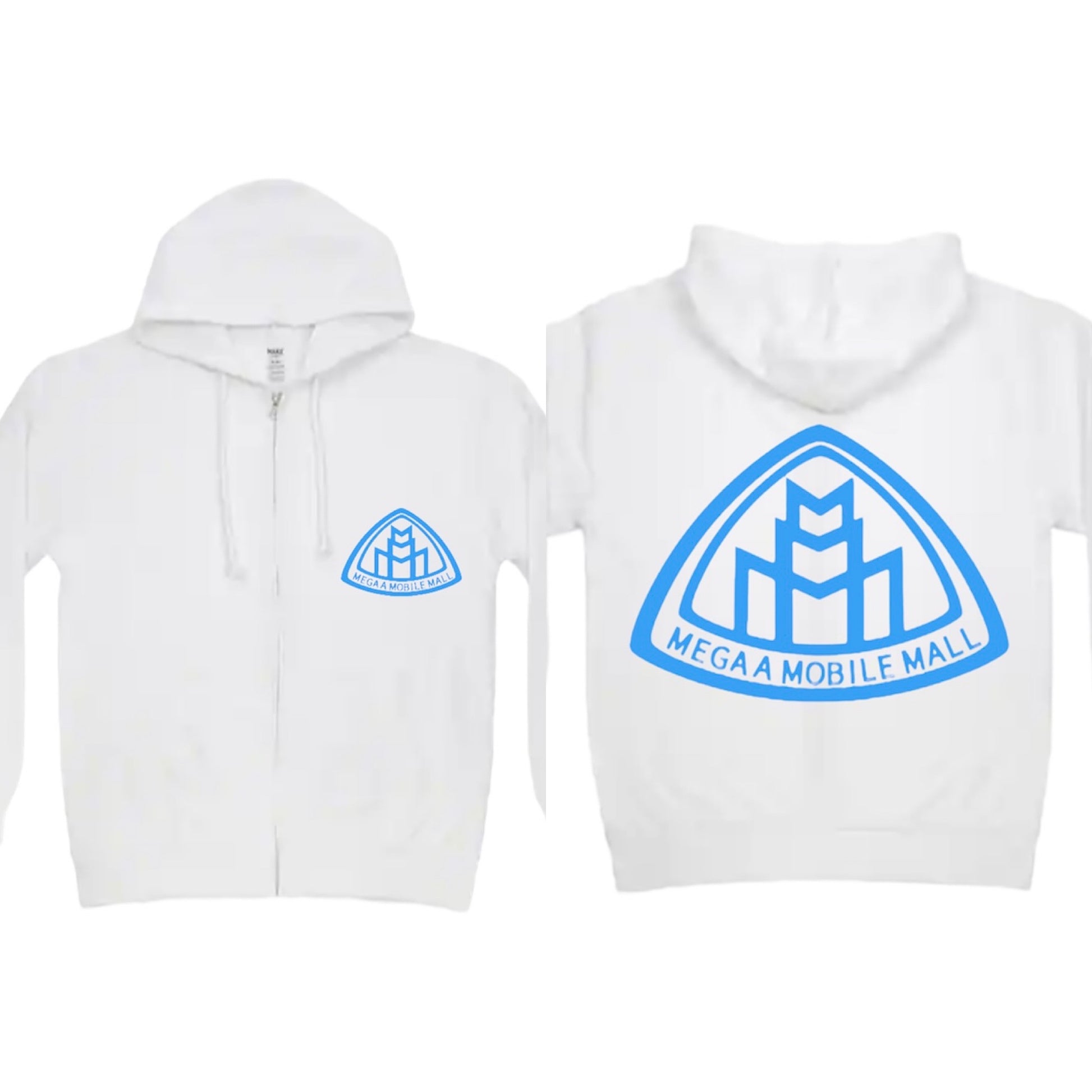 megaamobilemall white zip up hoodie with sky blue logo