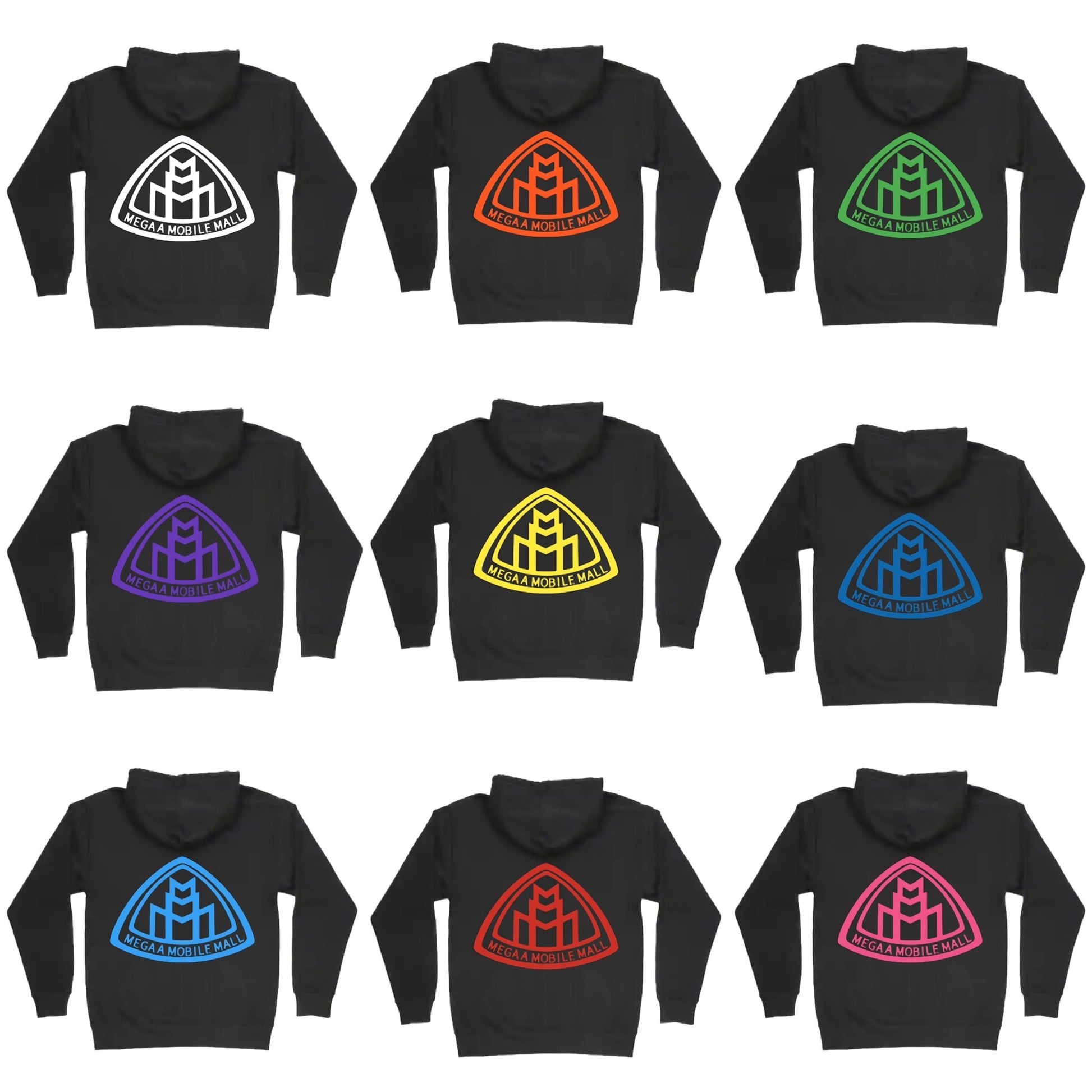megaamobilemall black zip up hoodie in 9 different logo color options back side