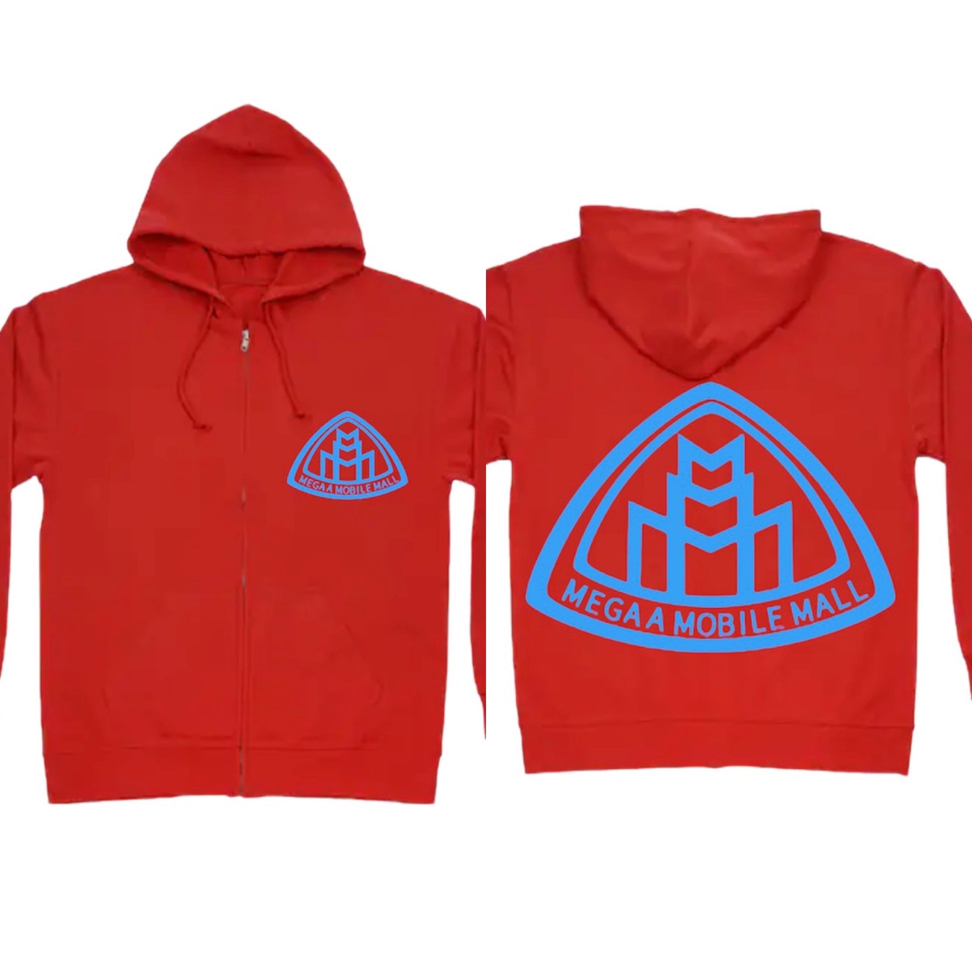 megaamobilemall red zip up hoodie with sky blue logo