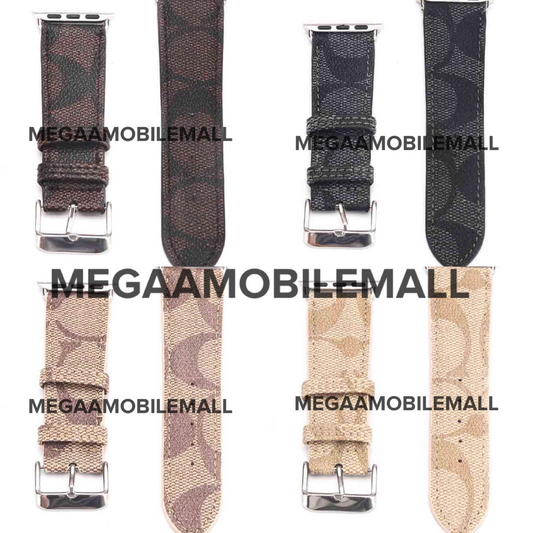 coach apple watch bands 4 colors brown, black, cream, beige in a collage 