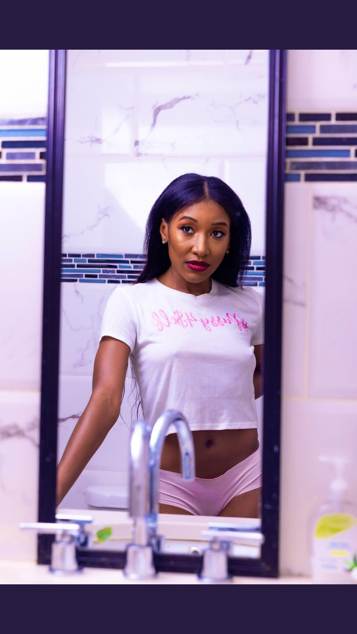model wearing #pussy4self crop top tee white with pink imprint