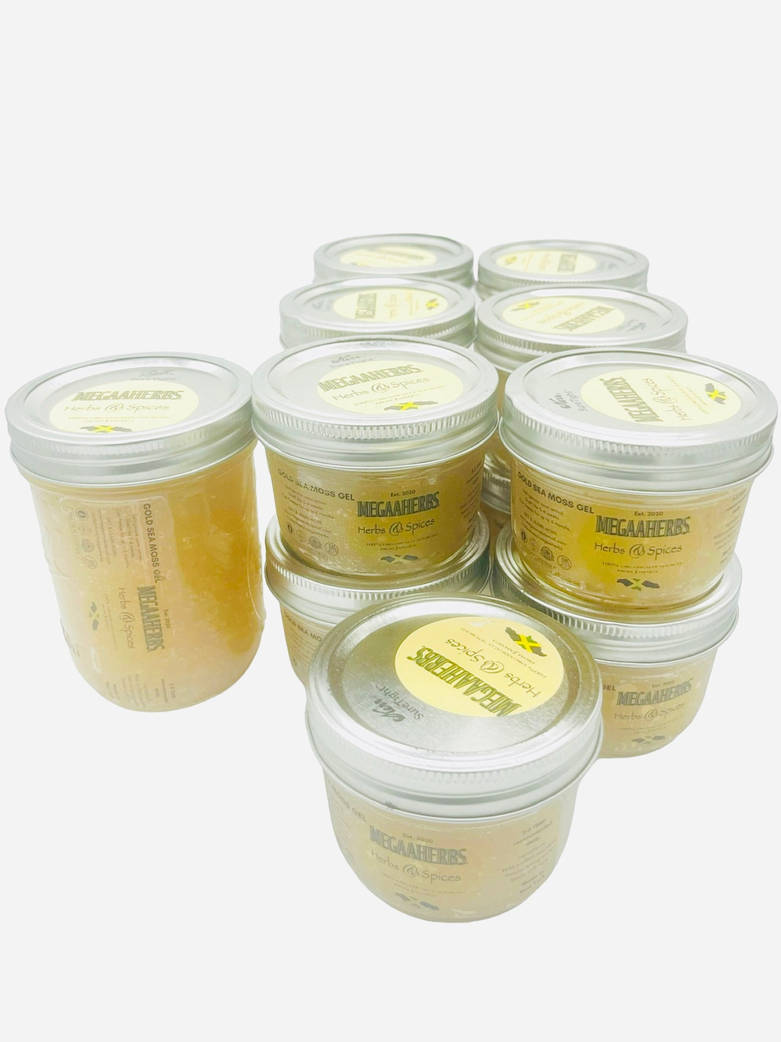 sea moss gel in 8 fl oz mason jars with labels on the lid & jar side in bulk