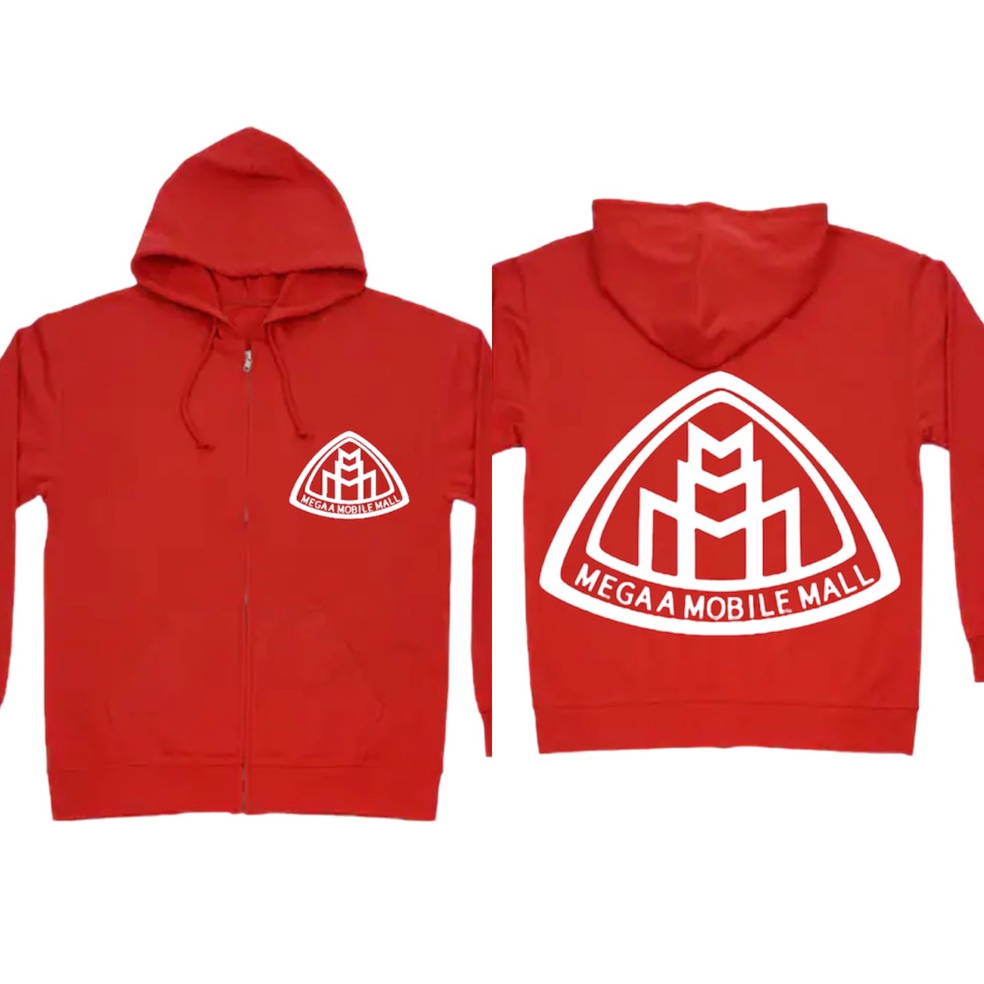 megaamobilemall red zip up hoodie with white logo