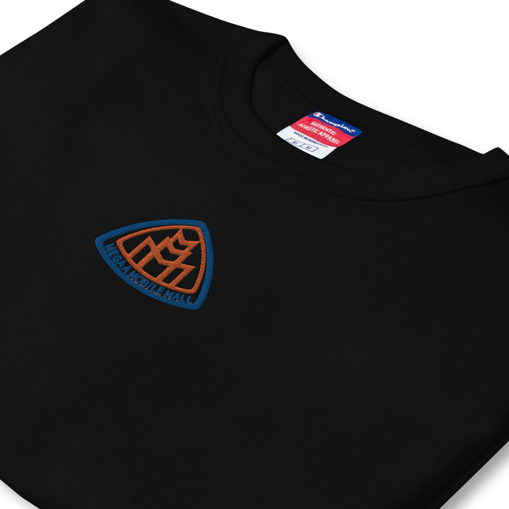 new york knicks colorway blue & orange megaamobilemal logo on black champion shirt