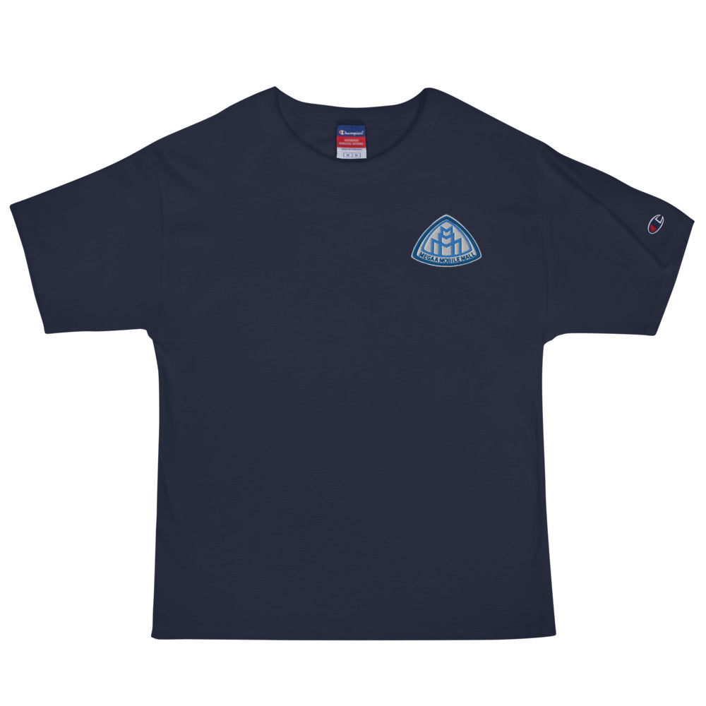 megaamobilemall logo champion shirt stitched logo in navy blue