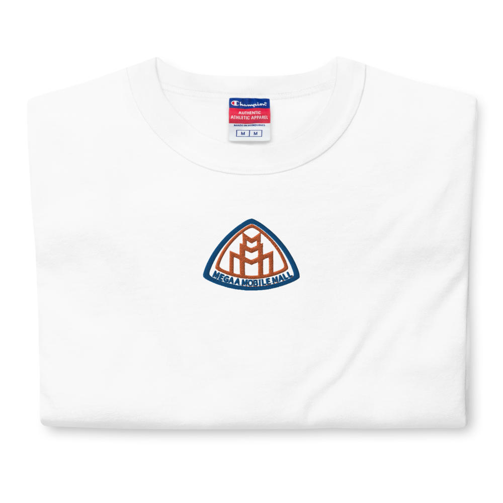 new york knicks colorway blue & orange megaamobilemal logo on white champion shirt