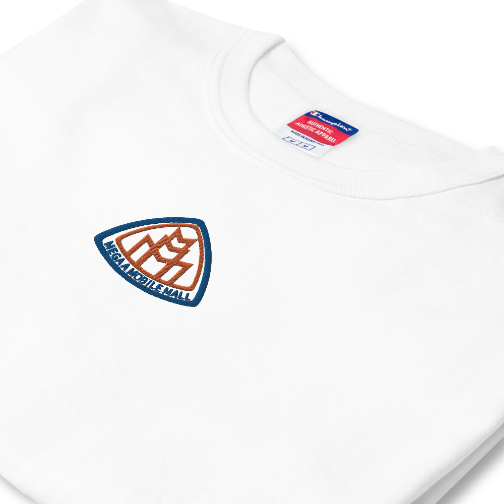 new york knicks colorway blue & orange megaamobilemal logo on white champion shirt