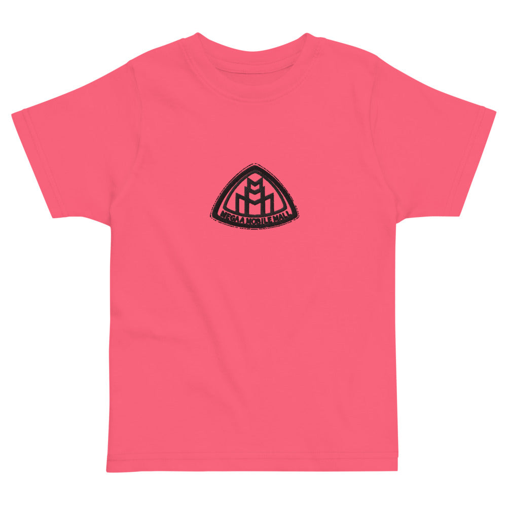 megaamobilemall logo embroidery in black on pink shirt