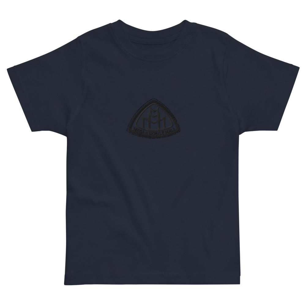 megaamobilemall logo embroidery in black on navy shirt